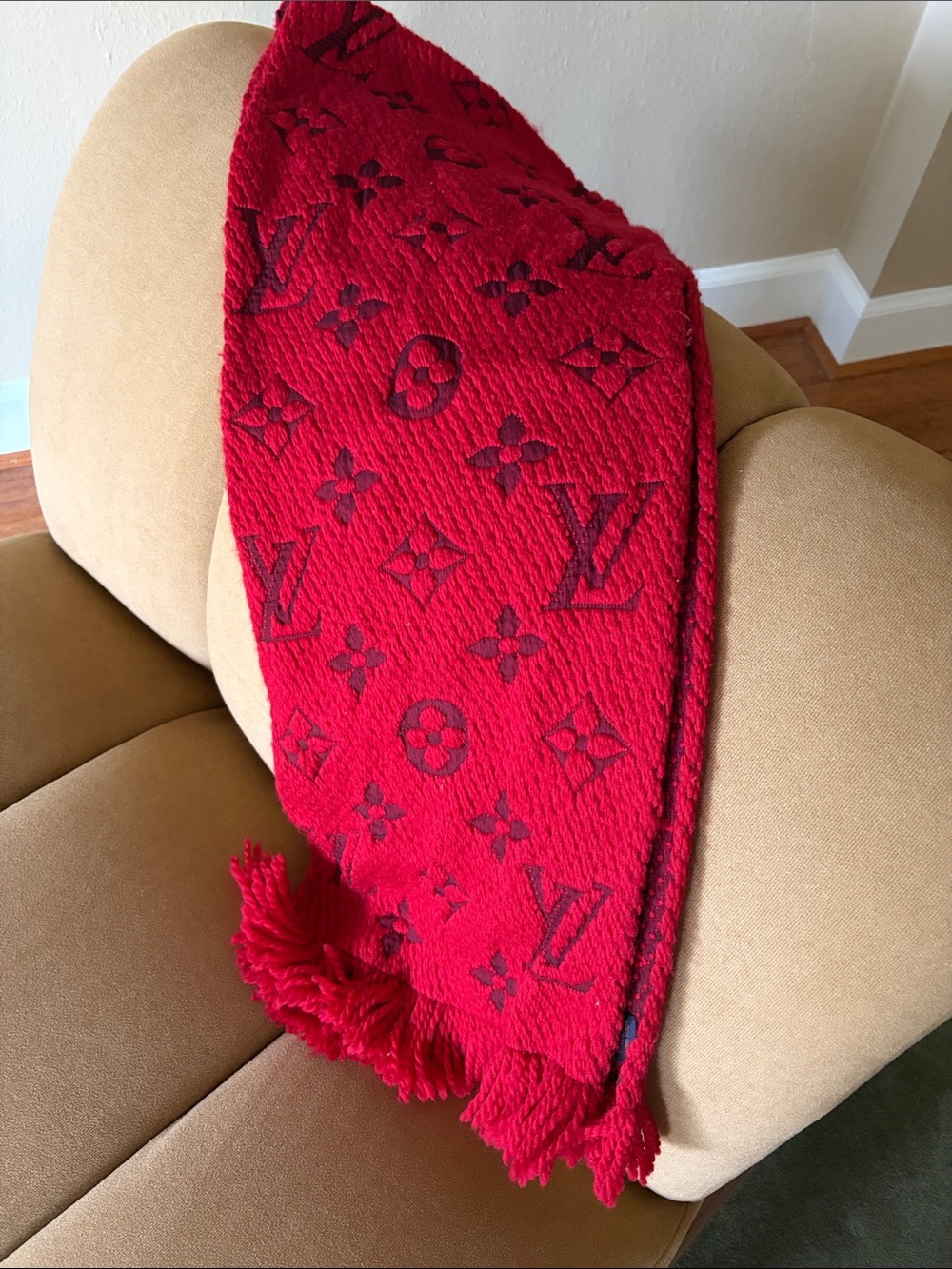 Louis Vuitton Red Monogram Wool Scarf with Fringe